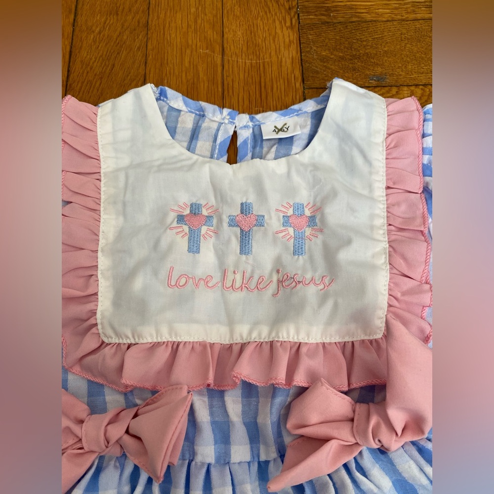 Girls Blue Christian Outfit Love Jesus Cross Baby Dress - Pink Ribbons 4-5 Y - Picture 3 of 7